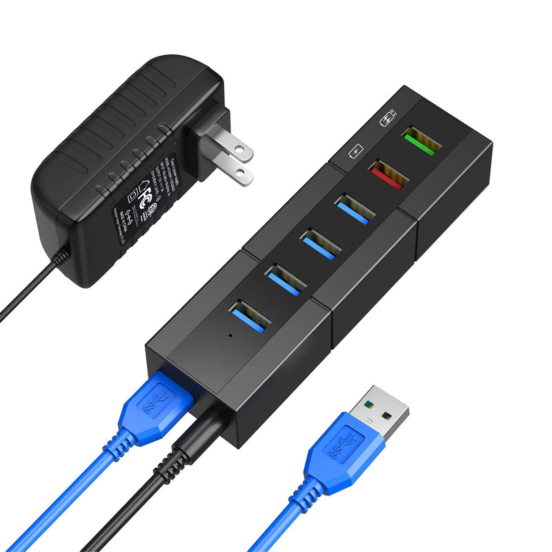 [Australia - AusPower] - Powered USB 3.0 Hub, RAOYI 6 Ports High Speed USB 3.0 Hub Splitter with 24W Power Adapter, 3.3ft Cable and Smart Fast Charger USB Hub for Laptop, PC, Mac, Mobile HDD, Mulitple Devices (Black) 6-Port 24W Black 