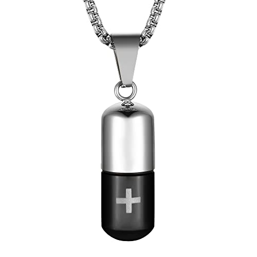 STWTR Stainless Steel Cylindrical Souvenir Capsule Pill Pendant Necklace, Cremated Ashes Pill Container Necklace Black-B
