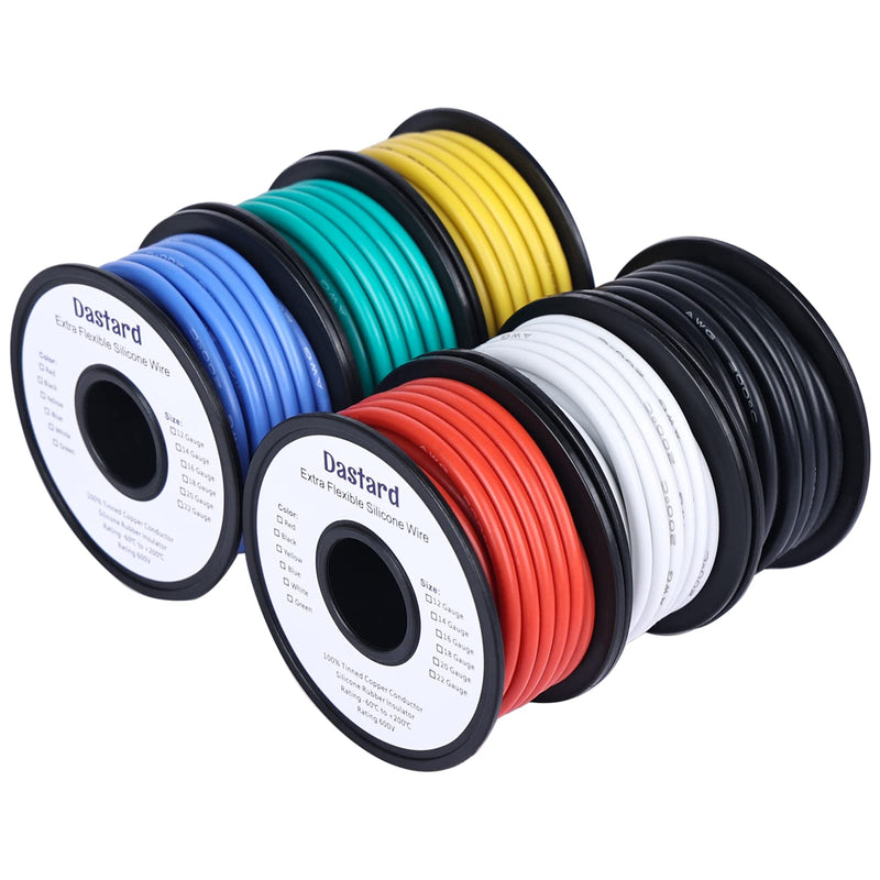Dastard 12 Gauge Flexible Silicone Wire, 12 AWG Stranded Tinned Copper Wire 60ft【Red+Black+Blue+Yellow+White+Green Each 10ft】 12AWG Automotive Electrical Wire 392℉ 600V 6 Colors