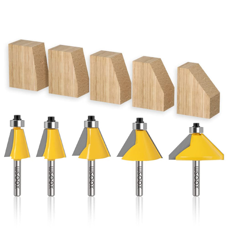 5PCS Chamfer Router Bits with 1/4" Shank Bevel Edge Forming Router bits (11.25°,15°,22.5°,30°,45°.) 1/4 inch shank, 11.25°-15°-22.5°-30°-45° degrees