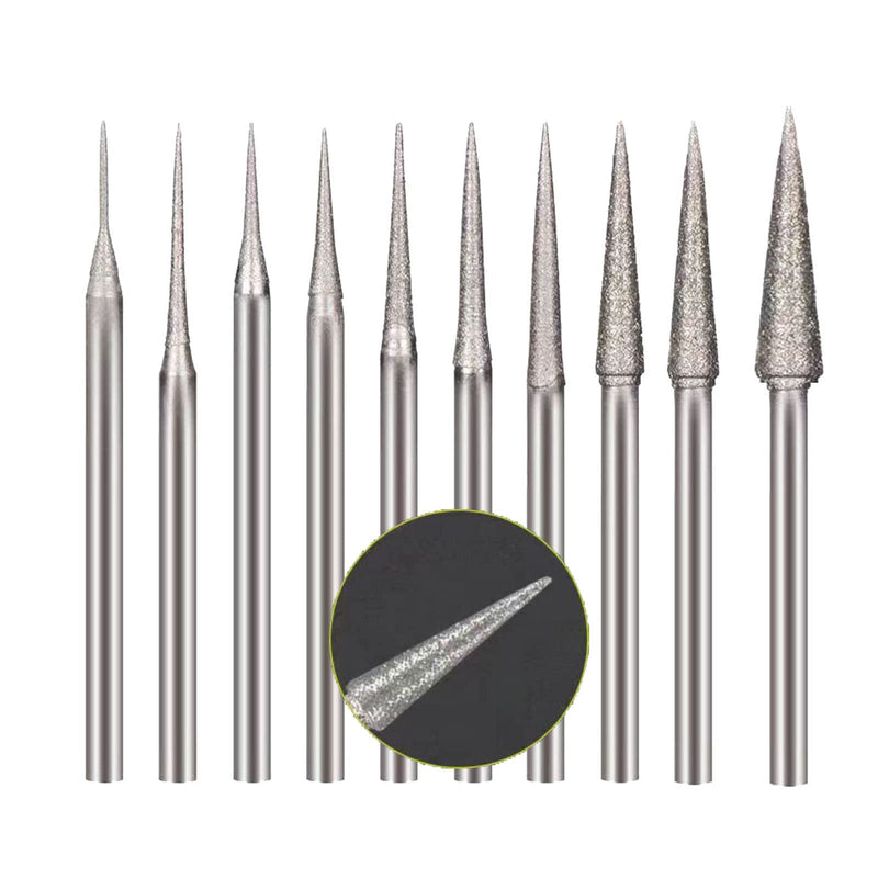 [Australia - AusPower] - Luo ke 10 Pcs Cone Shape Diamond Burr Set - 3/32'' Shank Diamond Cone Burs Stone Carving Bits for Rotary Tool Include Dremel 10pc Cone Shape 