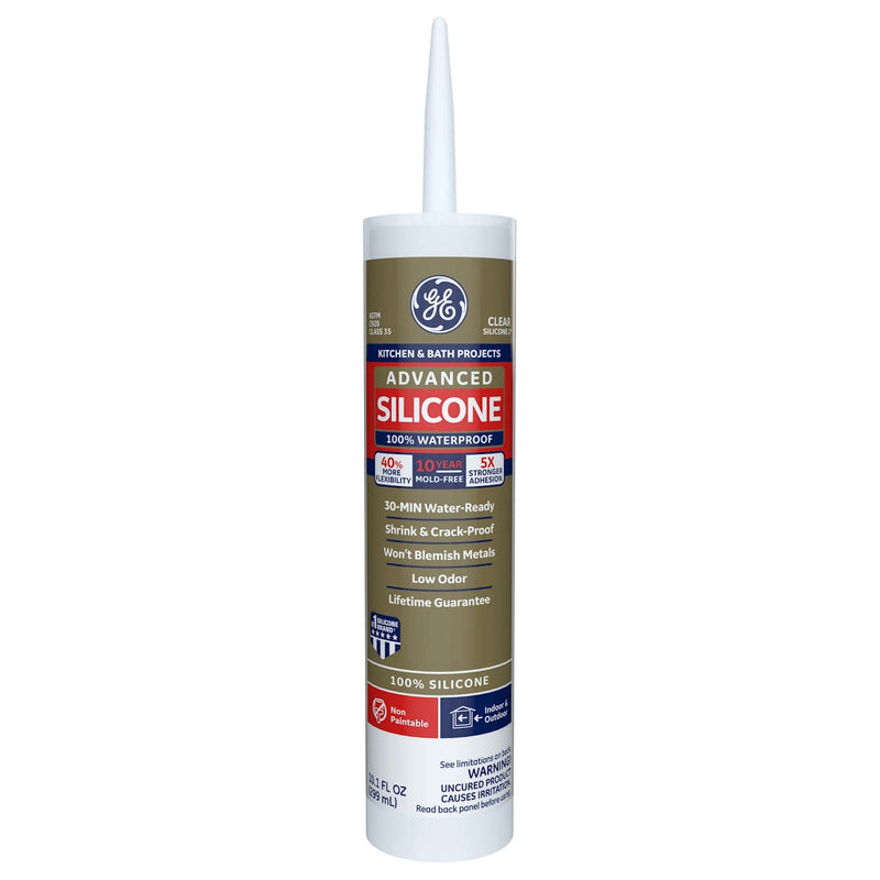 [Australia - AusPower] - GE Advanced Silicone Caulk for Kitchen & Bathroom - 100% Waterproof Silicone Sealant, 5X Stronger Adhesion, Shrink & Crack Proof - 10 oz Cartridge, Clear, Pack of 1 