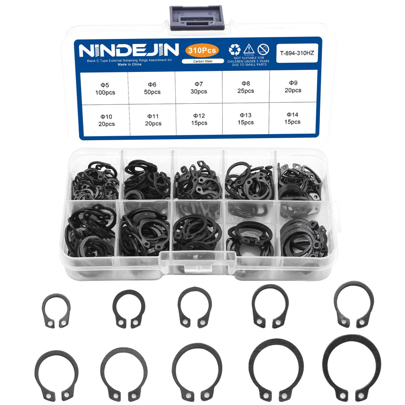 [Australia - AusPower] - NINDEJIN Snap Ring Shop Assortment, 310PCS External Retaining Rings 5-14mm (0.20''-0.55'') Carbon Steel Snap Retaining C Clip Rings Kit for Grooved Shafts, Studs, and Other Moving Parts 310PCS (5-14mm) 