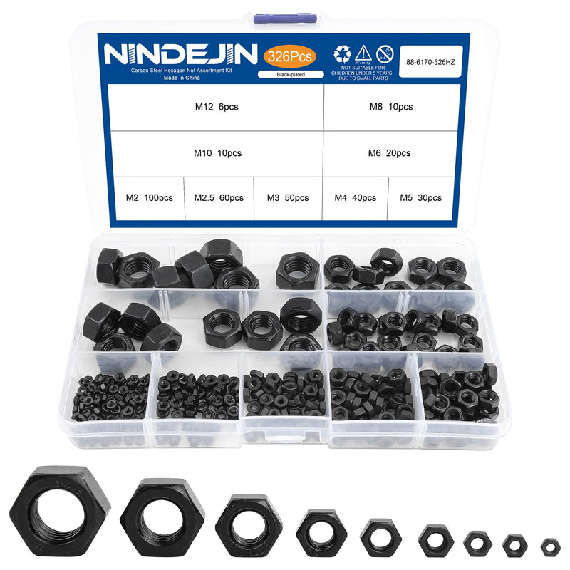 [Australia - AusPower] - NINDEJIN 326pcs Metric Black Hex Nuts Assortment Kit, M2 M2.5 M3 M4 M5 M6 M8 M10 M12 Assorted Metric Hardware Nuts Set, 9 Sizes Carbon Steel Metal Hex Nuts for Screw Bolt 