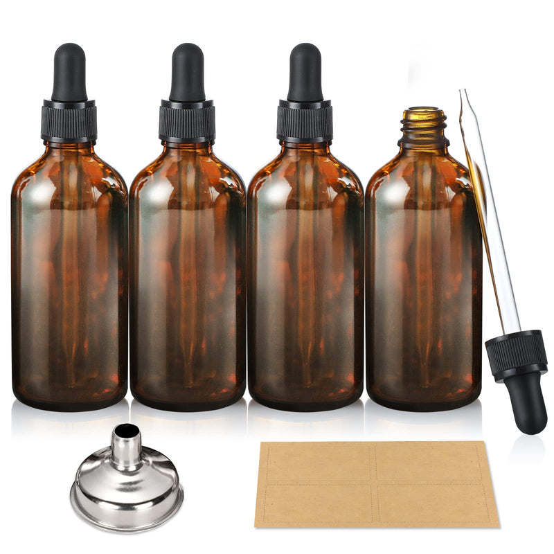 [Australia - AusPower] - AOZITA 4 Pack, 100ml Dark Amber Dropper Bottles with 1 Funnels & 4 Labels - 3.4oz Brown Glass Tincture Bottles with Eye Droppers for Essential Oils, Liquids - Leakproof Travel Bottles Blank Dropper 