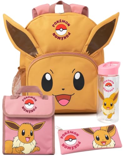 Pokémon Eevee Kids 4 Piece Backpack Set Brown Pink Rucksack Lunch Bag Pencil Case Water Bottle School Accessories Bundle