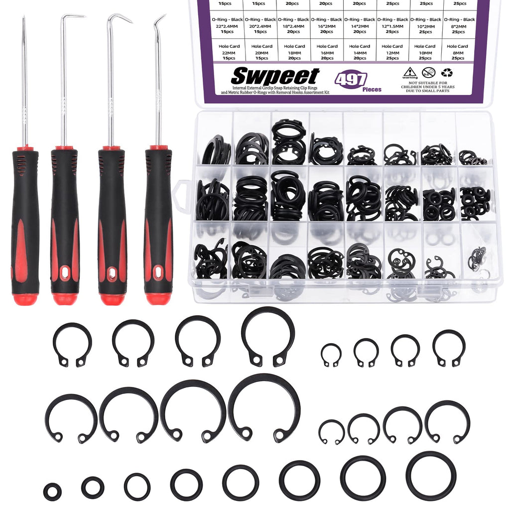 Swpeet 499Pcs Universal O-Ring Washer, 8mm to 22mm Alloy Steel External Retaining Rings Internal Circlip Snap Retaining Clip Ring with Short Pick and Hook Assortment Kit for Pin Clips Plumbing