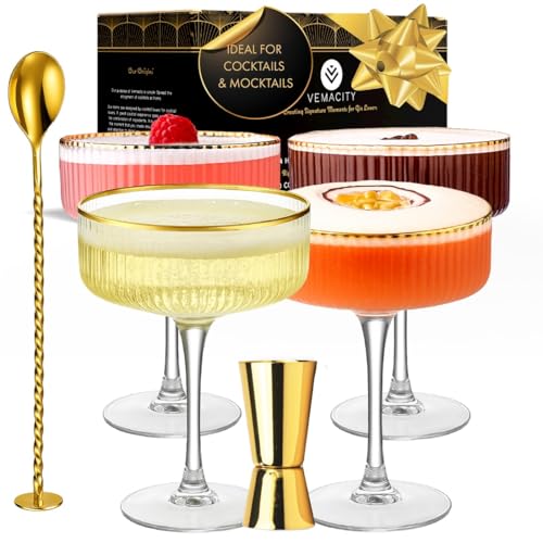 VEMACITY - Ribbed Espresso Martini Glasses Set of 4 with Gold Rims | Coupe Glasses | Vintage Cocktail Glasses for Margaritas, Champagne and More - Includes Jigger & Bar Spoon | Set of 4- 10oz