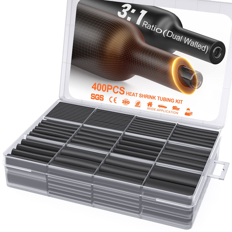 [Australia - AusPower] - Eventronic 400 Pcs Heat Shrink Tubing Kit-3:1 Ratio Adhesive Lined,Marine Grade Shrink Wrap - Industrial Heat-Shrink Tubing - Black 3:1 