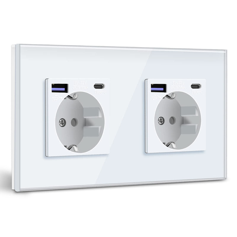 BSEED Schuko Socket with USB C 20 W Quick Charger USB Type C Wall Socket with Glass Panel, 2-Way Socket, USB Socket Flush-Mounted, Built-in Socket, Suitable for Phone, Pad, MP3 and More, White 2 outlets