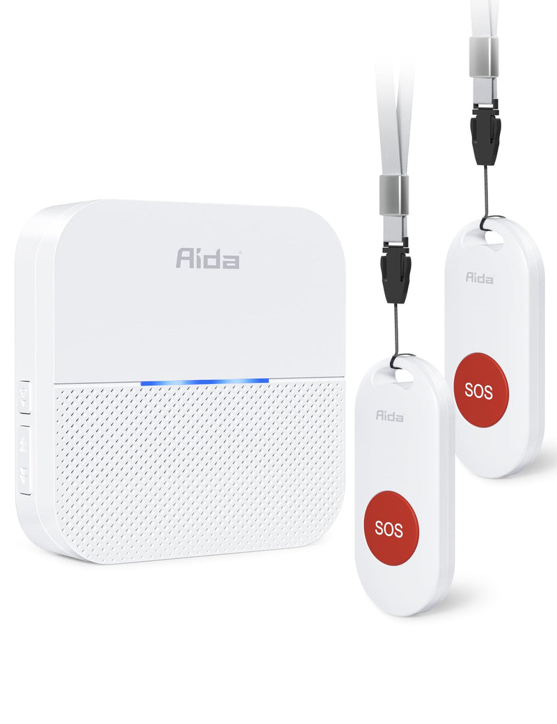 [Australia - AusPower] - AIDA Wireless Caregiver Pager, 2 SOS Call Buttons/1 Plug-in Receiver, 600 feet Range, 58 Chimes, 5 levels and up to 110dB Volume, for Home Pager Nurse Call Seniors Elderly Patients Children Emergency 