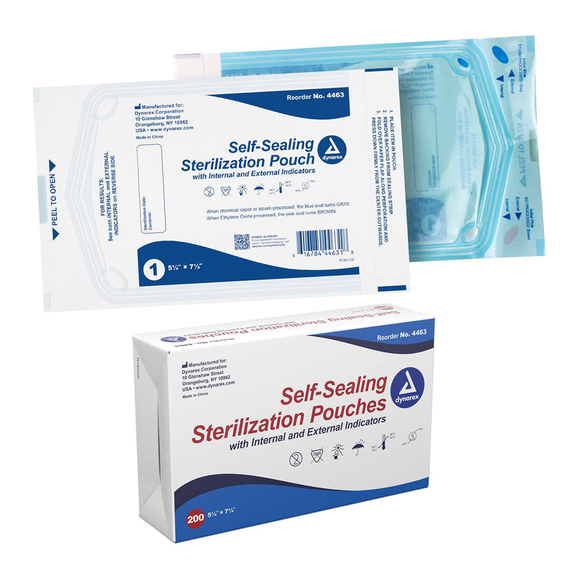 Dynarex Sterilization Pouches - Self-Sealing Autoclave Bags for Medical, Dental, Tattoo & Nail Care Tools - Blue-Tinted Transparent Cover, Dual Color Indicators (5.25" x 7.5", 200) 5.25" x 7.5"