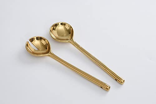 Pampa Bay Wood Look Titanium-Plated Porcelain Salad Server Set, 10.5 Inch, Gold/White/Wood Look