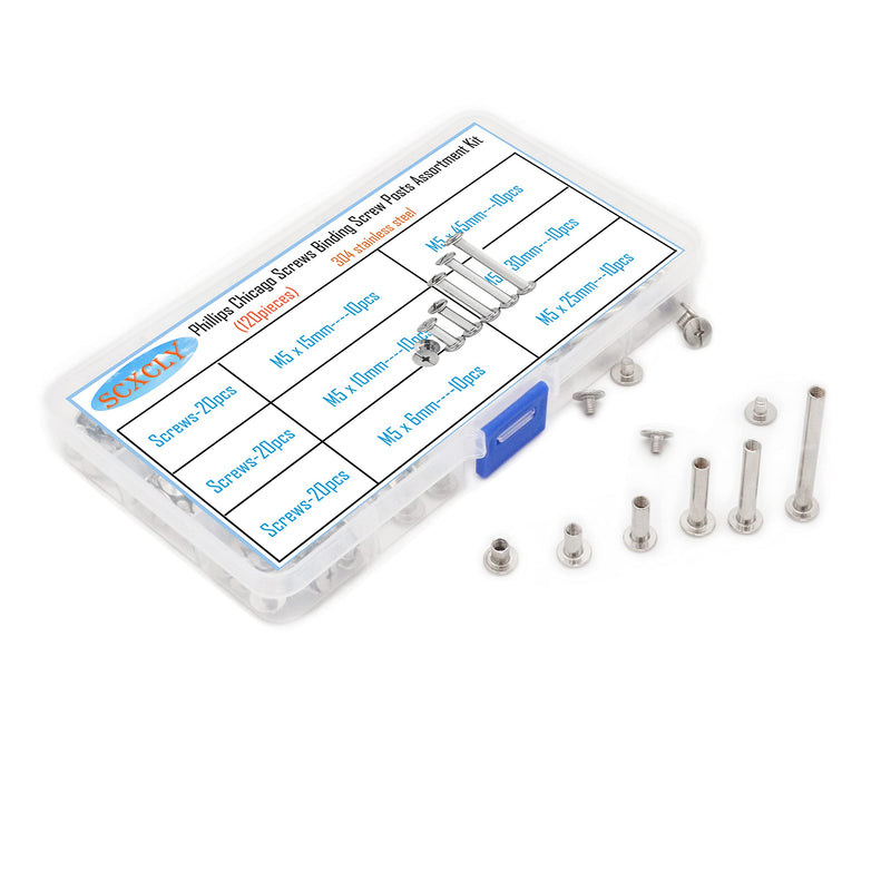 [Australia - AusPower] - 120pcs Chicago Screws Binding Screw Posts Assortment Kit, 6 Sizes(M5 x 6/10/15/25/30/45mm), 304 Stainless Steel Silver 