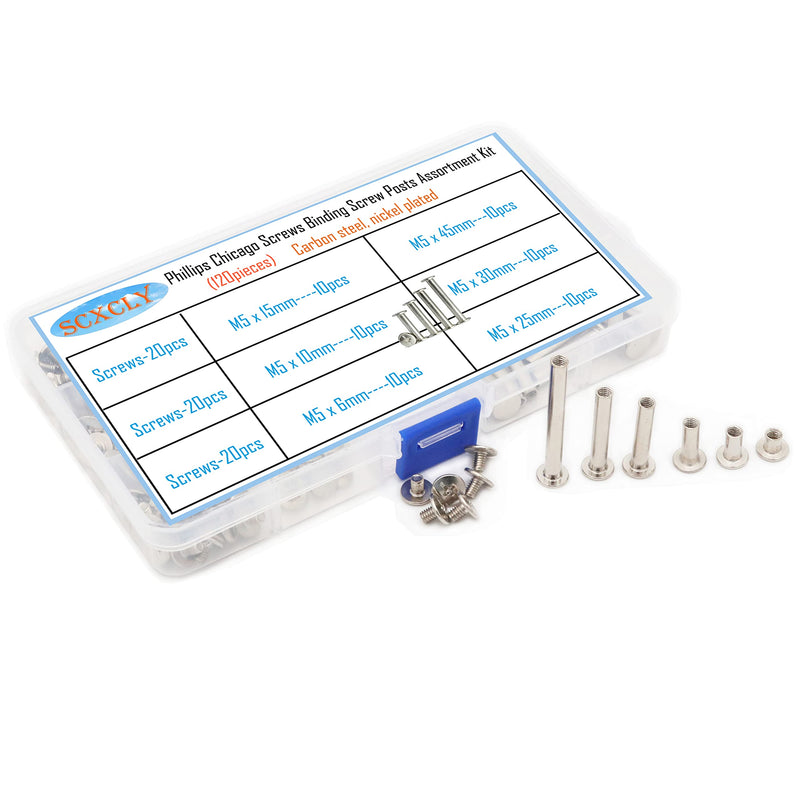 [Australia - AusPower] - 120pcs Chicago Screws Binding Screw Posts Assortment Kit, 6 SizeSCXCLY 120pcs Chicago Screws Binding Screw Posts Assortment Kit, 6 Sizes(M5 x 6/10/15/25/30/45mm), Carbon Steel Nickel-Plate Silver 