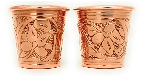 DEDE Copper - 2023 CC Series 2 oz (Set of 2) Tequila/Vodka Shot Glasses, Mini Moscow Mule Cup, Handmade Unlined Uncoated Thickest Pure Solid Copper mini Tumblers for Cocktails (Engraved Tulip) Engraved Tulip