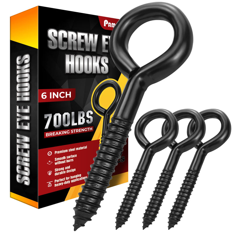 [Australia - AusPower] - 6 Inch Heavy Duty Black Screw Eyes Hooks, 700LBS Breaking Strength, 4PCS Self Tapping Eyelet Screw Eye Bolts, Screw in Eye Hooks for Wood Securing Cables Wire, Heavy Indoor & Outdoor Uses 