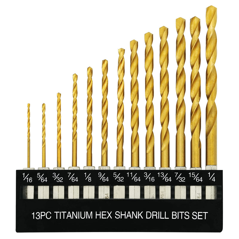 [Australia - AusPower] - 13 Pcs Titanium Coated Twist Hex Shank Drill Bit Set, 135 Degree Tip HSS Impact Drill Bit Set with Storage Case for Metal, Aluminum, Steel, Wood, Plastic, Quick Change Design 1/16" to 1/4" 13PCS 