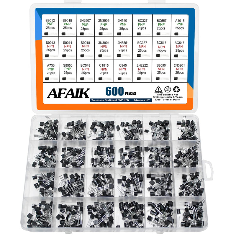 AFAIK Transistor Assortment PNP NPN Transistors 24 Values 600 Pieces Transistor Set | A1015 A733 C945 C1815 BC557 2N2907 2N3904 2N3906 2N5401 2N5551 S9012 S9013 S9014 S9015 S9018 BC3. 27 BC3 37 N2222 S8050 S8550 24 values, 600 pieces