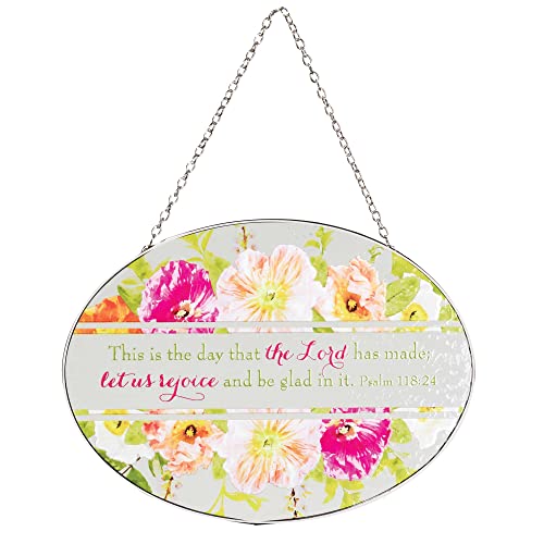 Dicksons This is Day Lord Has Made Colorful Floral 9 inch Glass Sun Catcher with Suction Cup