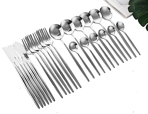 24-Piece Silver Korean Silverware Set, Stainless Steel | Mirror Polished, Service for 6, Includes Forks Spoons Knives, Modern Flatware Cutlery Silver01