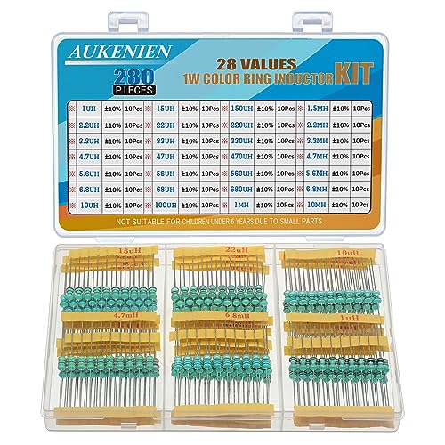 AUKENIEN 1W Colour Ring Inductors 28 Values Inductor Kit 1uH to 10mH 280 Pieces 0510 DIP Colour Code Inductance 1 Watt Assortment