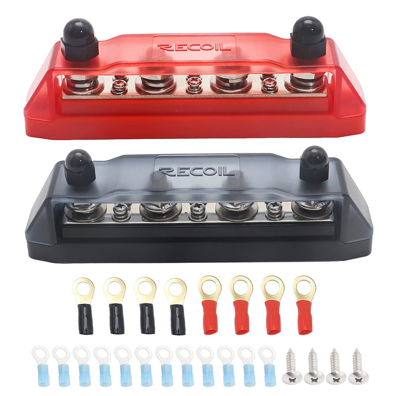 RECOIL BB46-P 4 x 3/8 Bus Bar Pair Studs 6 x #8 Screw Terminals Red & 4 x 5/16” Studs 6 x #8 Screw Terminals Black Power Distribution Block