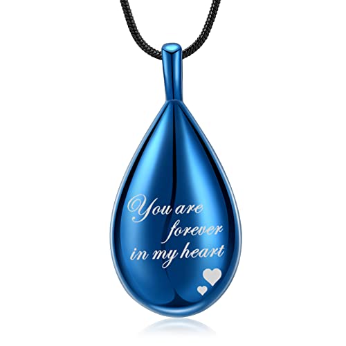 Urn Pendant Necklace Teardrop Cremation Jewelry for Ashes Memorial Keepsake for Women Jewelry Funeral Ashes Holder Collarbone Necklace You are forever in my heart Blue