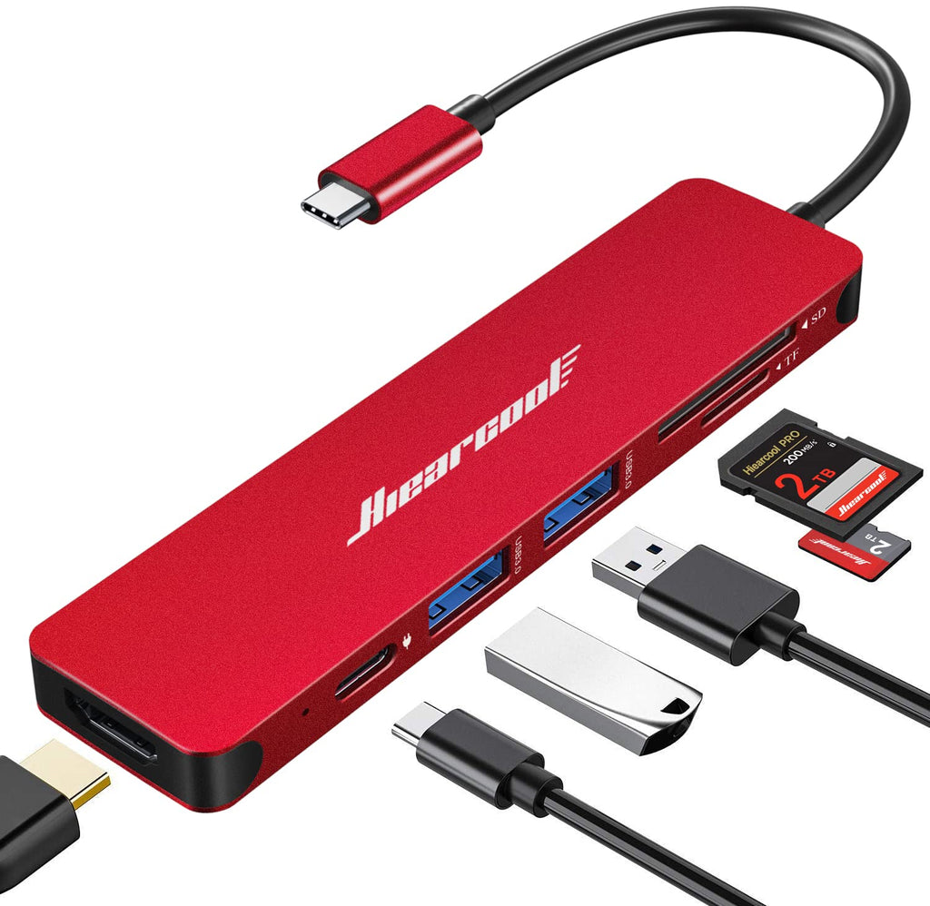 [Australia - AusPower] - Hiearcool USB C Hub, USB C Multi-Port Adapter for MacBook iPad Pro,7 in 1 USB C Power Delivery Dock for Steam Deck,4K HDMI Hub for Thunderbolt Laptop Docking Stations for Other Type C Devices-Red Red 