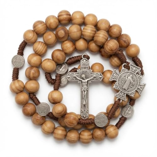 Nazareth Store Sacred St Benedict Wood Beads Rosary Solid Wooden Prayer Chaplet with Cross Saint Medal & Silver Jesus Crucifix