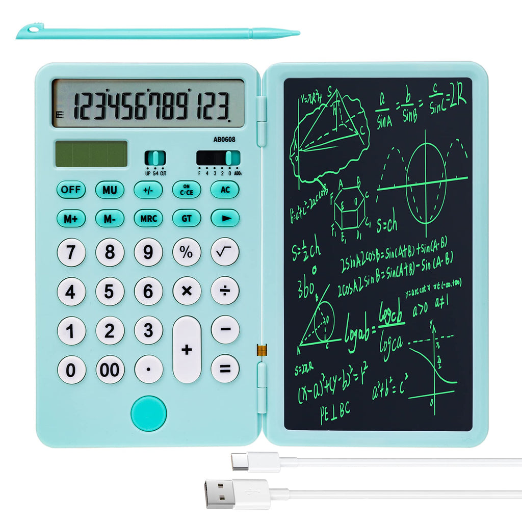 [Australia - AusPower] - Calculator with Notepad,12 Digit Large Display Office Desk Calcultors,Dual Power Rechargeable and Solar 2 in1 Multi Function Calculator,Suitable for Office,School ,Cyan Blue,(XT-AB0608) Cyan 