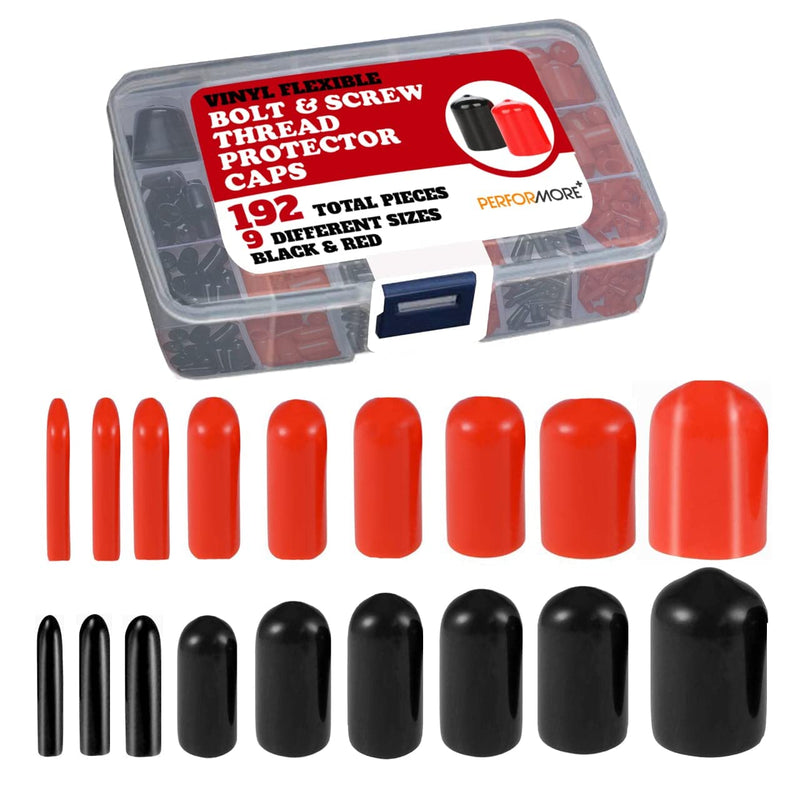 [Australia - AusPower] - Performore 192 Pieces Rubber End Caps - Screw Cap Covers - Thread Protector - Rubber Tips - Red & Black Vinyl Flexible Bolt & Screw Thread Protector Caps 9 Sizes in Plastic Case 