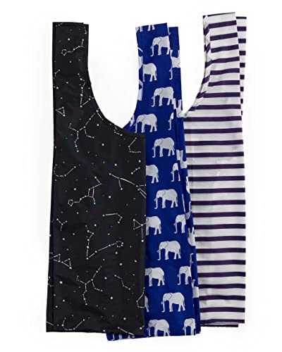 Set of three BAGGU reusable grocery bags with Amazon prints, featuring colorful, eco-friendly designs for shopping and everyday use.