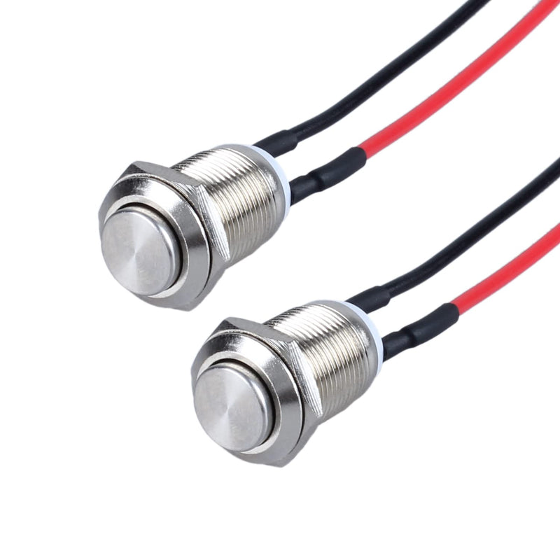 [Australia - AusPower] - 2-Pack 12mm Momentary Metal Waterproof Push Button Switch Raised Head 1/2" Mounting Hole with Pre-soldered Cable 250V 3A 1NO Momentary with Cable 