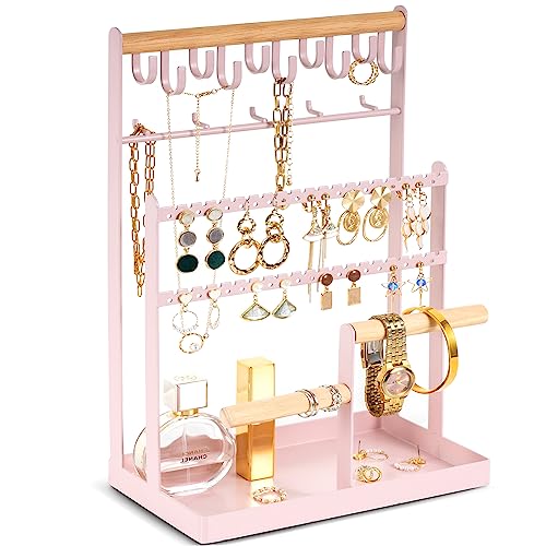 ProCase Jewelry Organizer Stand Necklace Organizer Earring Holder, 6 Tier Jewelry Stand Necklace Holder with 15 Hooks, Jewelry Tower Display Rack Storage Tree for Bracelets Earrings Rings -Pink Pink