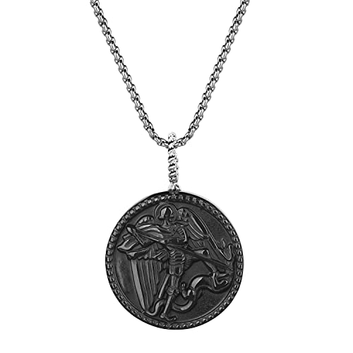 COAI Religious Jewelry St. Michael Necklace Black Obsidian Necklace for Men 22"(55cm)