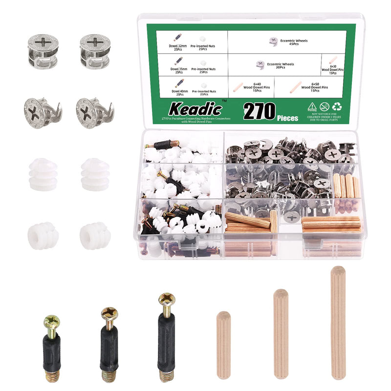 [Australia - AusPower] - Keadic 270Pcs 3 in 1 Cam Lock Nuts and Wood Dowel Pins Assortment Set Furniture Connecting Fittings Nut Screws Bolts Fasteners Connectors for Cabinet Drawer Dresser Wardrobe Furniture Panel (Silver) 