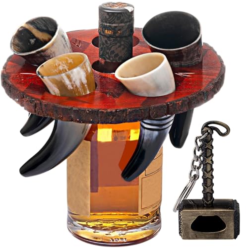 FENRIR Viking Drinking Horn Set of 5 – Gifts for Men, Dad, Husband – Unique Viking Gift – Handmade Real Ox Horn Cup with Wooden Storage Tray & Opener – For Beer, Ale, Mead