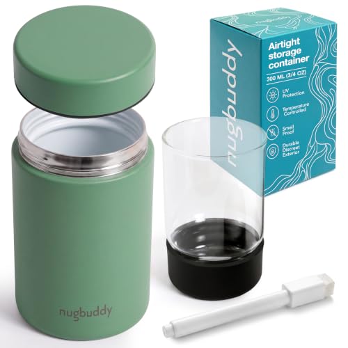 Nugbuddy Airtight Storage Container - Vacuum Sealed Insulated w Nested Glass Jar - UV Protection, Temperature Controlled Stainless - Stays Fresh - Whiteboard Finish w Marker Included - 300 ml (3/4 Oz) Mint