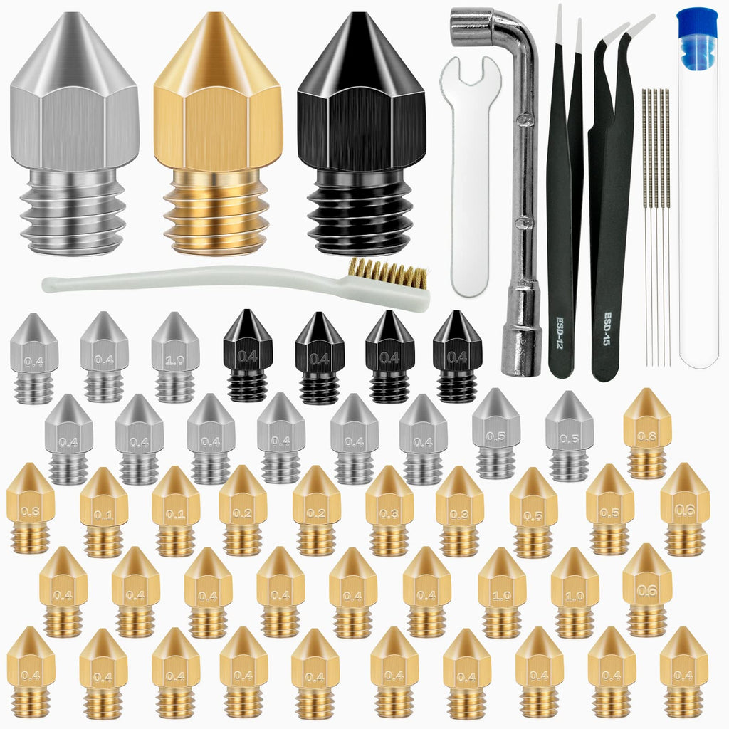 50 Pcs 3D Printer Nozzles - Hardened Steel Stainless Steel Brass Printer Extruder Nozzles Set for CR-10, Ender 3 - High Temperature Pointed Wear Resistant Mk8 Nozzles - 3D Printer Nozzle Cleaning Kit