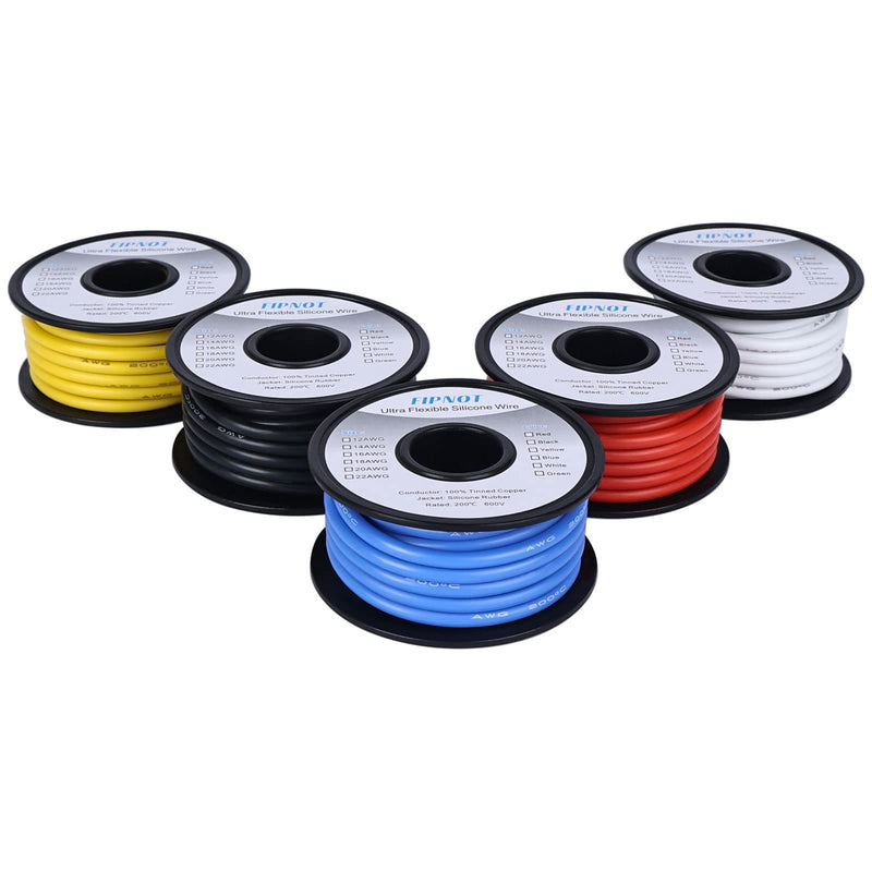 Flexible 12 Gauge Silicone Wire 50ft, 12 AWG Stranded Automotive Wire (Red+Black+Blue+Yellow+White 5 Colors Each 10ft) 100% Tinned Copper Conductor Rated 392℉ 600V 5 Colors - Red, Black, Blue, Yellow, White