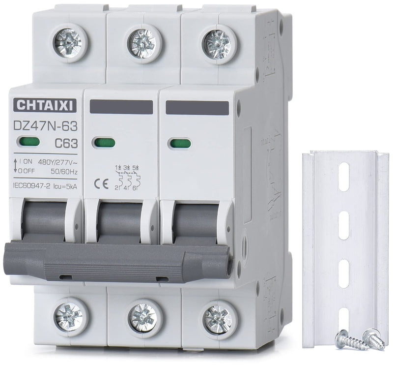 3 Pole DIN Rail Mount Circuit Breaker, 63 Amp 480V AC Miniature Circuit Breaker, Thermal Magnetic Trip AC Disconnect Switch MCB C63 47N63-3PC