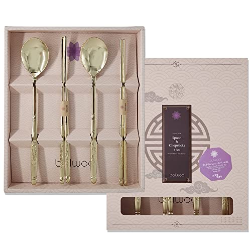 [Made in Korea] Korean Phoenix Design Sticky Rice Spoon Chopsticks Set Gold Titanium Plating 304 Stainless Steel Soup Spoon Ramen Noodle Chopsticks Flatware (2 Sets) 2 Sets