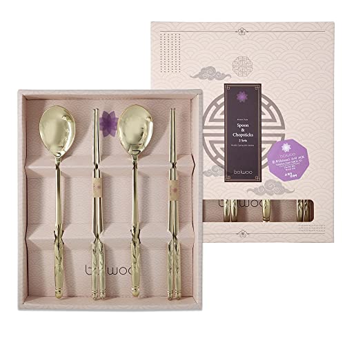 [Made in Korea] Bamboo Design Sticky Rice Spoon Chopsticks Set Gold Titanium Plating 304 Stainless Steel Soup Spoon Ramen Noodle Chopsticks Flatware (2 Sets) 2 Sets