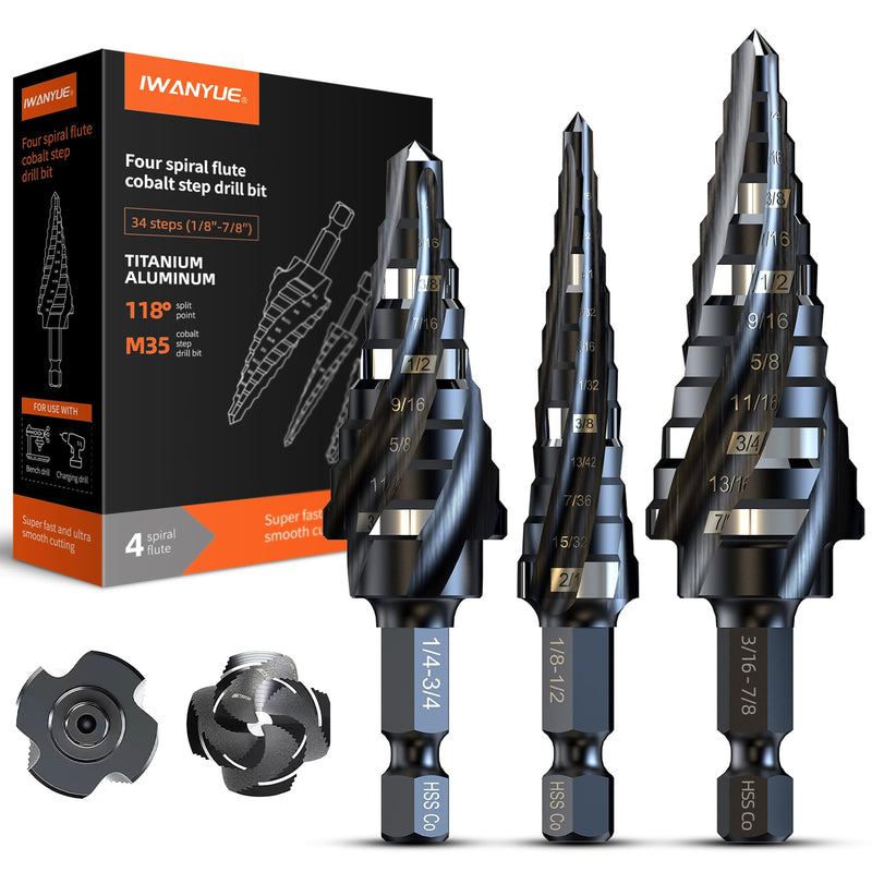 M35 Cobalt HSS Step Drill Bits, Four Spiral Flute Cobalt Step Drill Bit,1/8"-7/8"(3PCS) Hex Shank Unibit for Aluminum, Stainless Steel, Metal, Wood, Plastic. 1/8"-7/8"(3PCS)