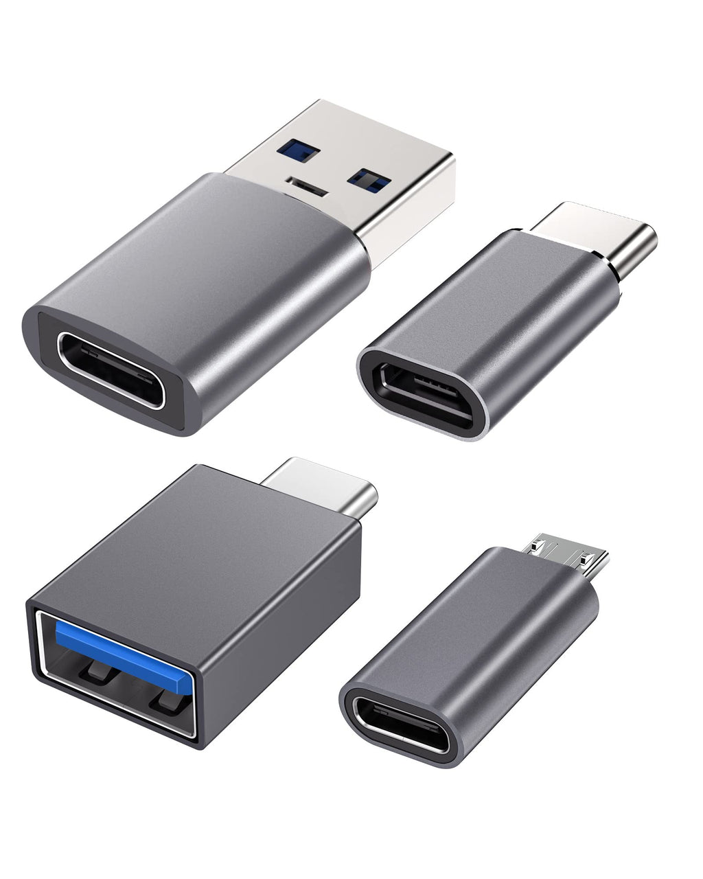 [Australia - AusPower] - USB C to USB Adapter (4 Pack) 3.1 USB C Female to USB Male Adapter, USB C to Micro USB Adapter OTG, Type C Charger Converter Compatible with iPhone, PC, Samsung, iPad, Laptop, MacBook, Google, AirPods Sky grey 