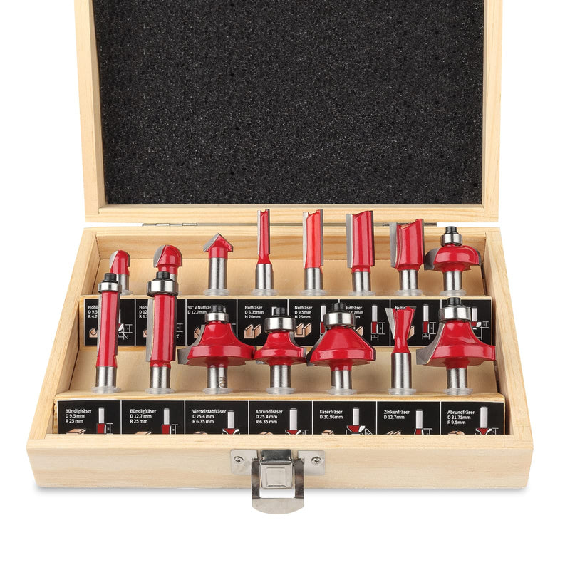 Milling Cutter Set for Routers, 15 Pieces, Shaft 8 mm Router Bit Set, Woodworking Tools for Beginners in Wooden Case, Industrial Quality Wood Cutter for Hard and Soft