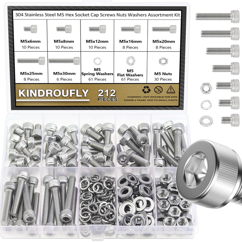 [Australia - AusPower] - 212 Pieces M5 x 6/8 /12/16 /20/25 /30mm Hex Socket Head Cap Screws Nuts Washers Assortment Kit, 304 Stainless Steel, Fully Machine Thread 