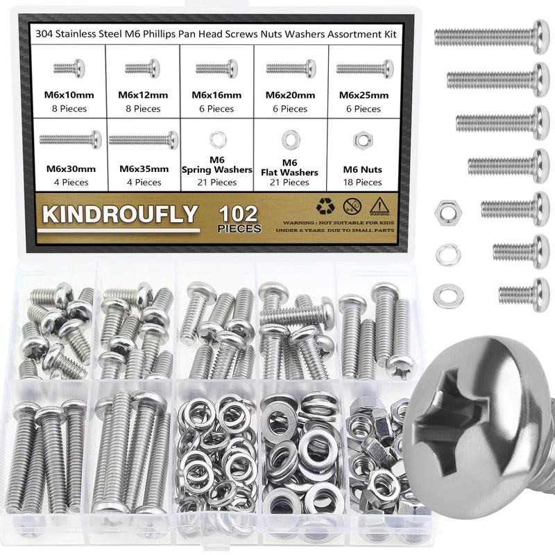 [Australia - AusPower] - 102 Pieces M6 x 10/12 /16/20 /25/30 /35mm Phillips Pan Head Machine Screws Nuts Washers Assortment Kit, 304 Stainless Steel, Fully Machine Thread 