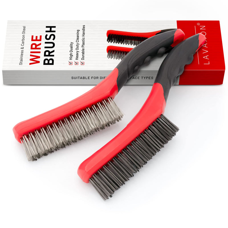 [Australia - AusPower] - Wire Brush Set-Heavy Duty Stainless & Carbon Steel Bristles with Plastic Handle Grip for Rust, Wielding Slag, Dirt & Paint Scrubbing with Deep Cleaning – 10 Inches, Large (Pack of 2-Red) Red 